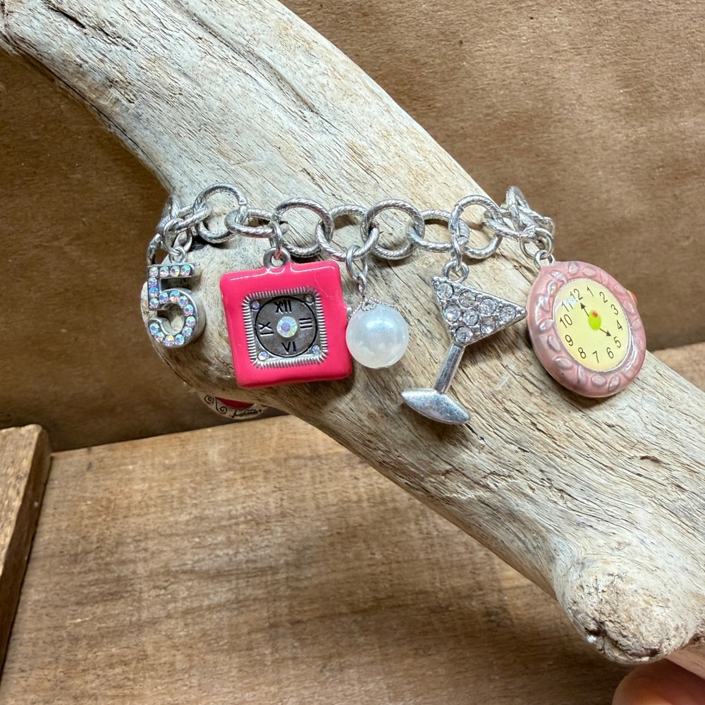 Lolita Its 5 OClock Somewhere Charm Bracelet Silver Tone Pink Cocktail Martini